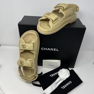NIB CHANEL Beige Lambskin CC Logo Dad Sandals Box Dustbag Receipt